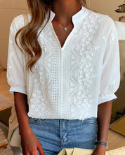 Blouse Femme Amélie – Haut à Col en V avec Manches Bouffantes, Coton Mélangé & Détails Patchwork