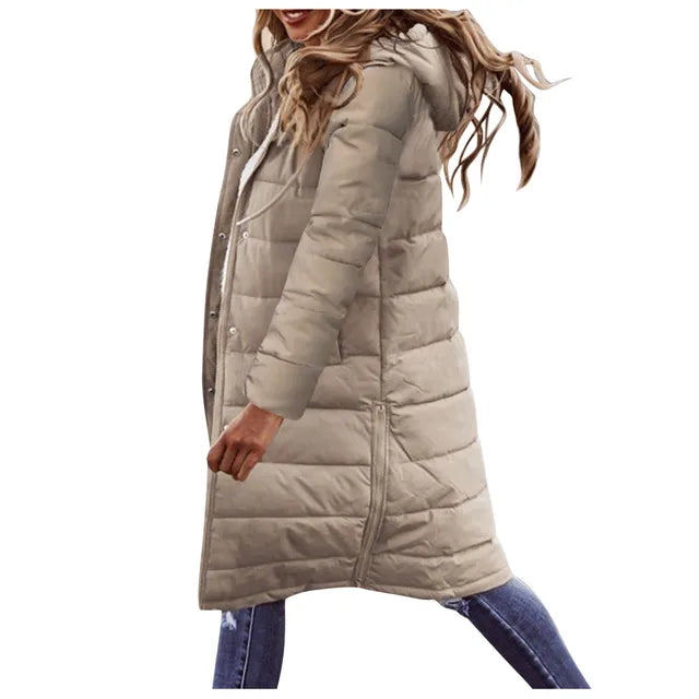 Evie Doudoune Longue Femme – Manteau Hiver Chaud avec Capuche & Coupe Élancée Légère