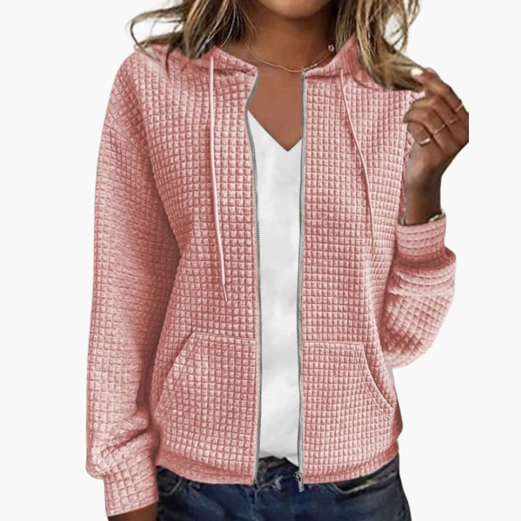 Zacht dames vest met rits en capuchon in wafelstructuur