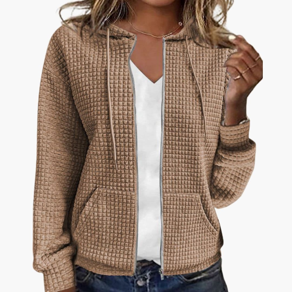 Zacht dames vest met rits en capuchon in wafelstructuur