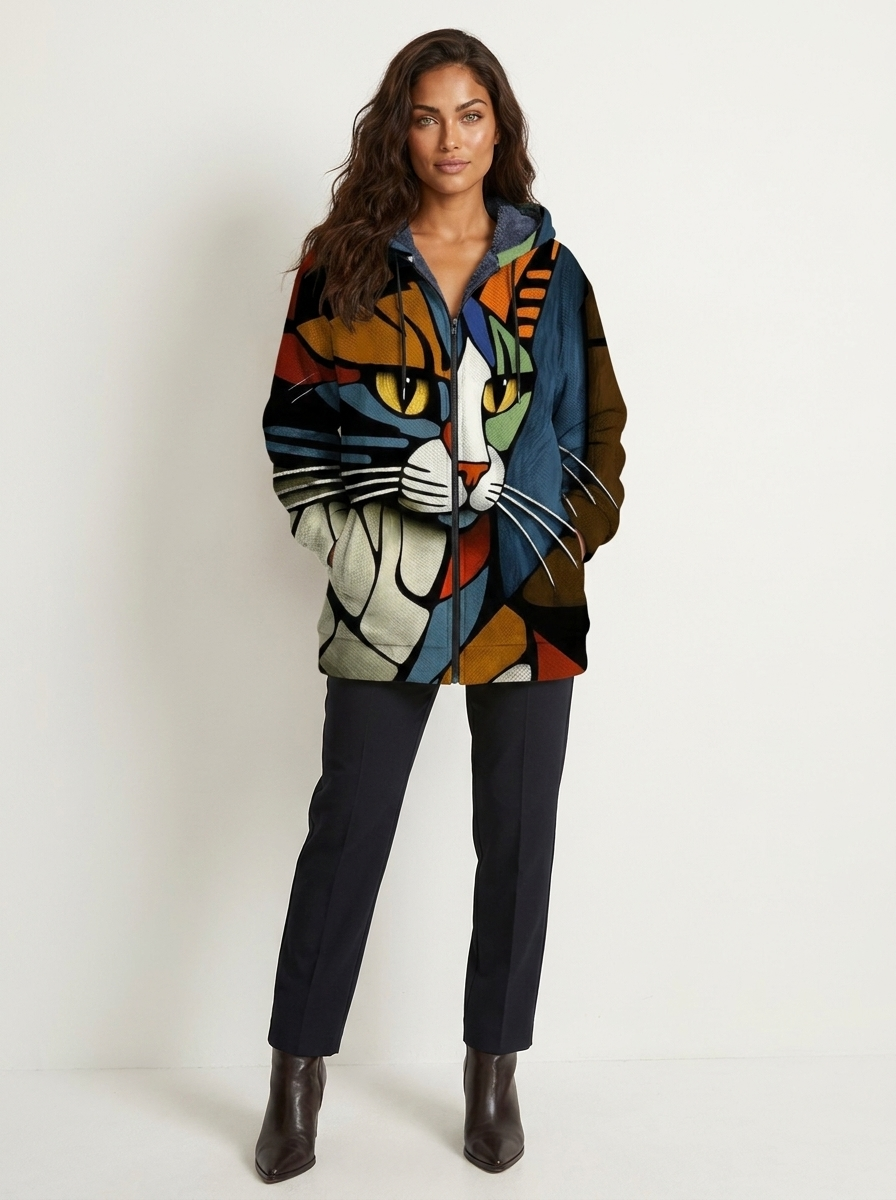 Artistieke hoodie jas met kattenprint - Nova