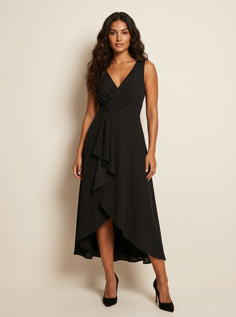 Asymmetrische midi jurk met watervaldetail - Elena