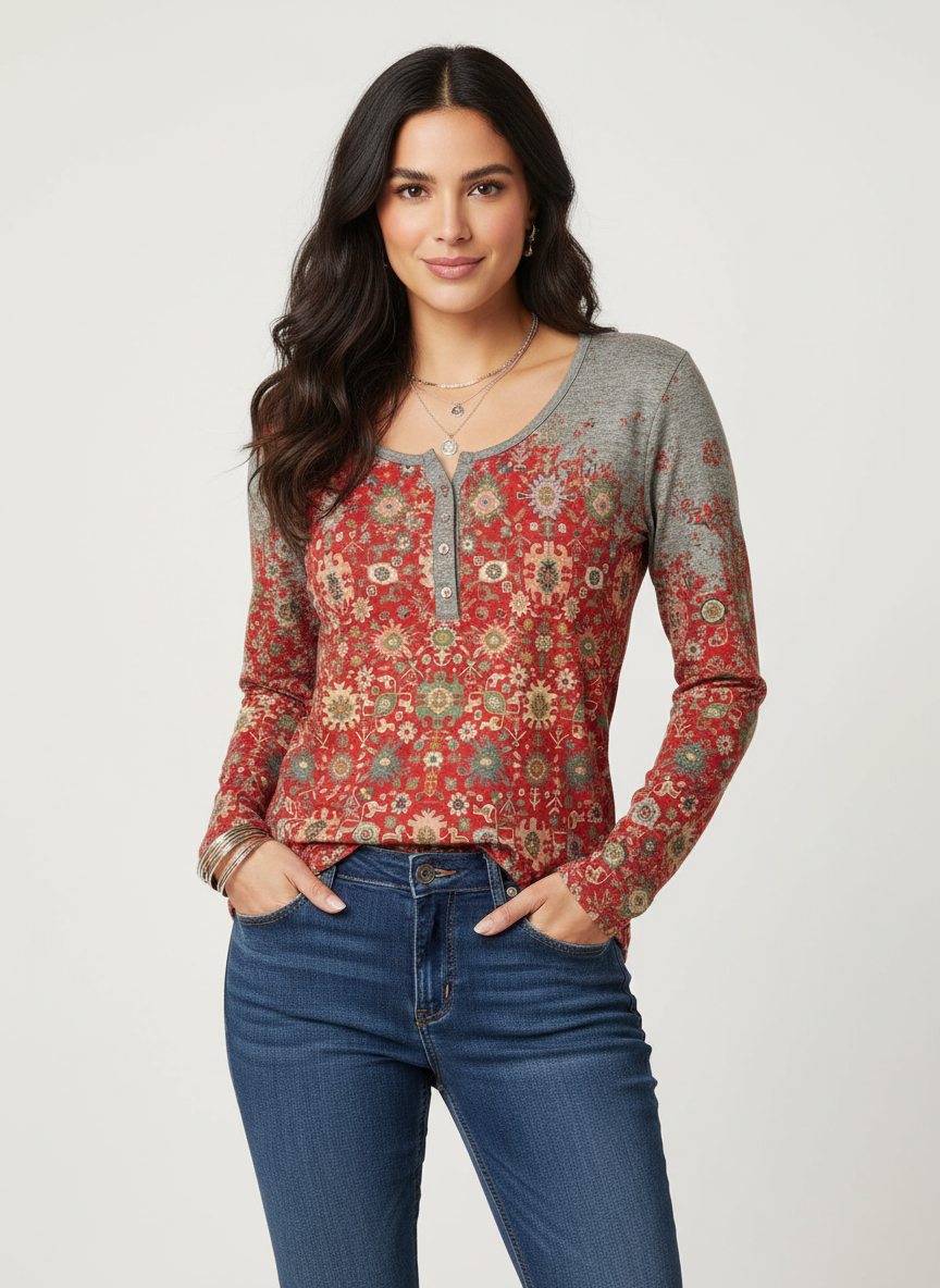 Bedrukte dames top met lange mouwen – Denise