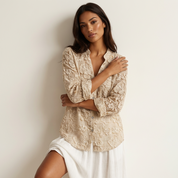 Beige linnenlook blouse met 3D bloemenreliëf - Isa