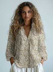Beige linnenlook blouse met 3D bloemenreliëf - Isa
