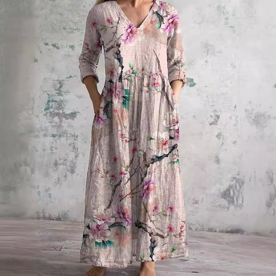 Bloemen maxi jurk met V-hals - Benthe