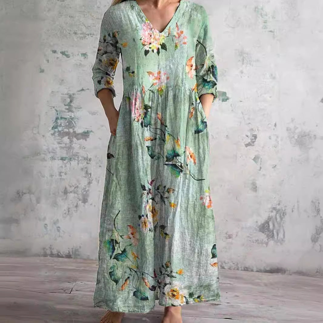 Bloemen maxi jurk met V-hals - Benthe