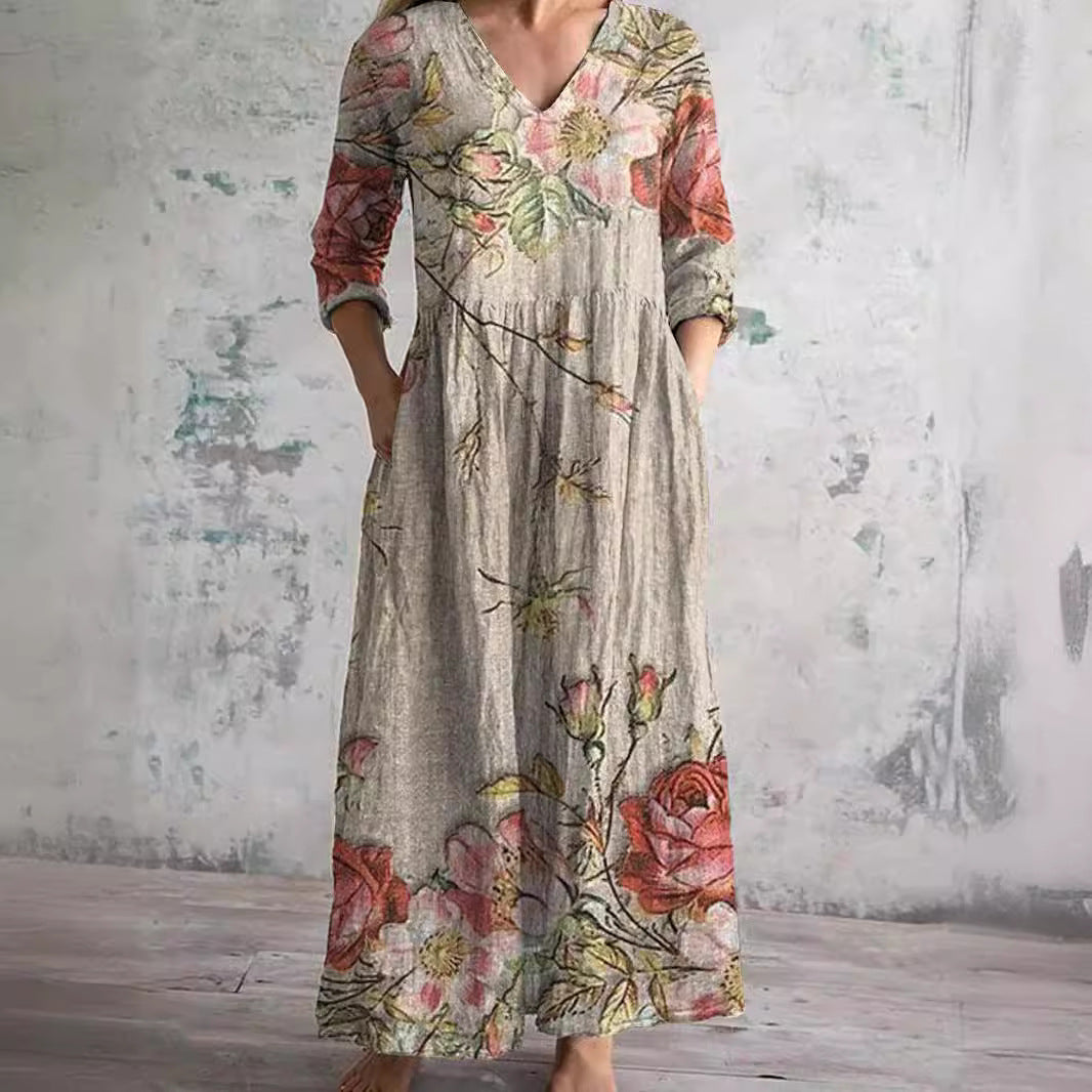 Bloemen maxi jurk met V-hals - Benthe