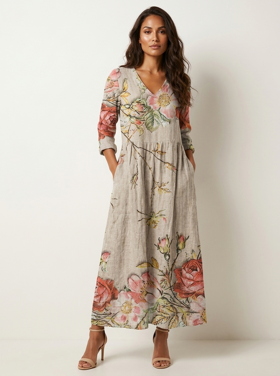Bloemen maxi jurk met V-hals - Benthe