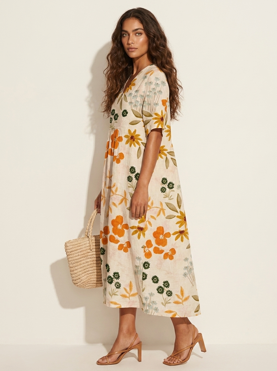 Bloemen midi jurk met V-hals - Rosalie