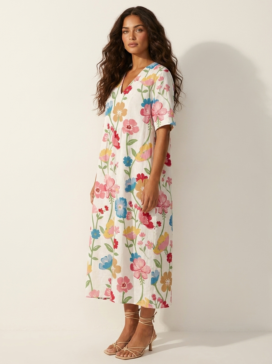 Bloemen midi jurk met V-hals - Rosalie