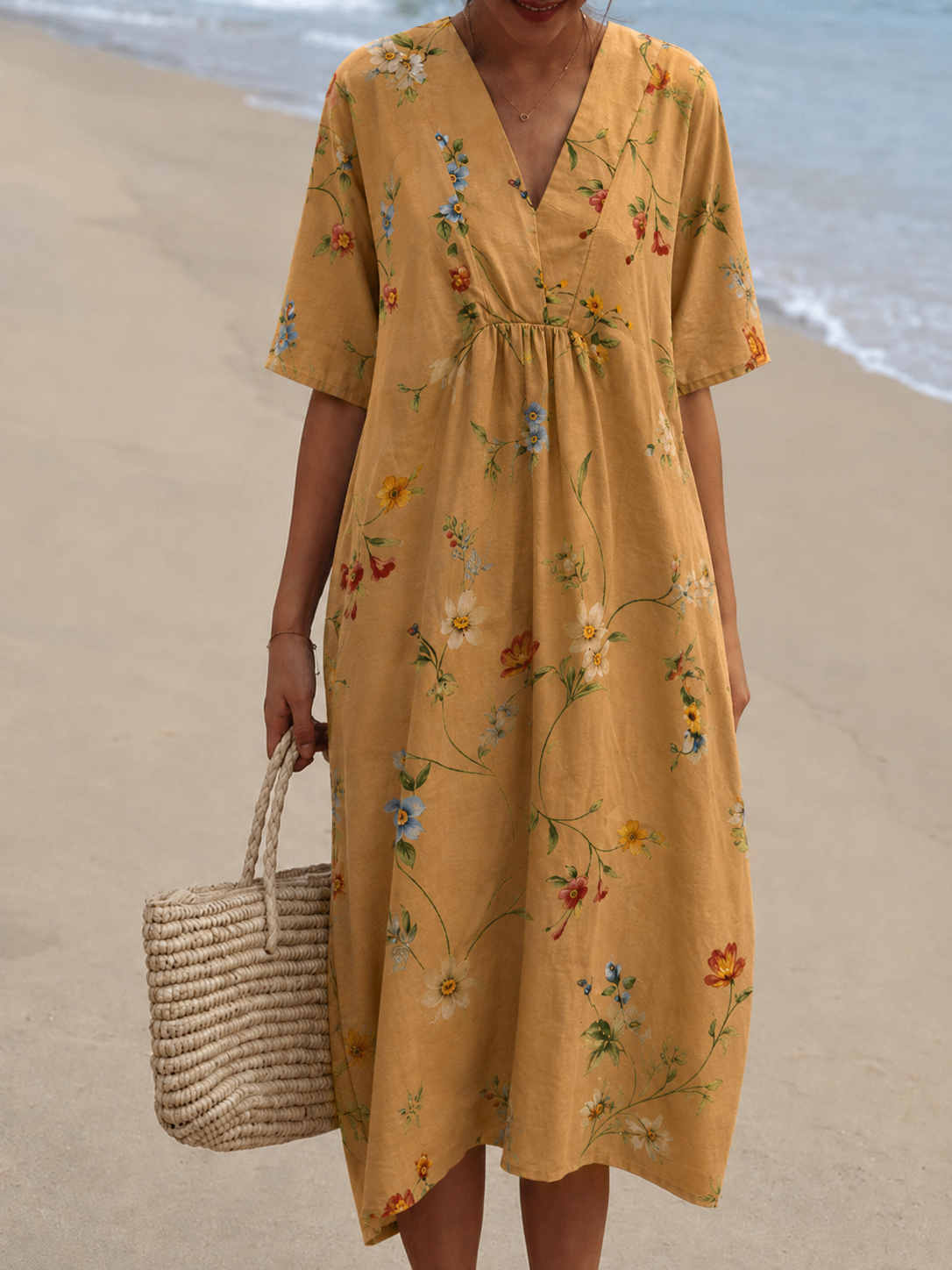 Bloemen midi jurk met V-hals - Rosalie