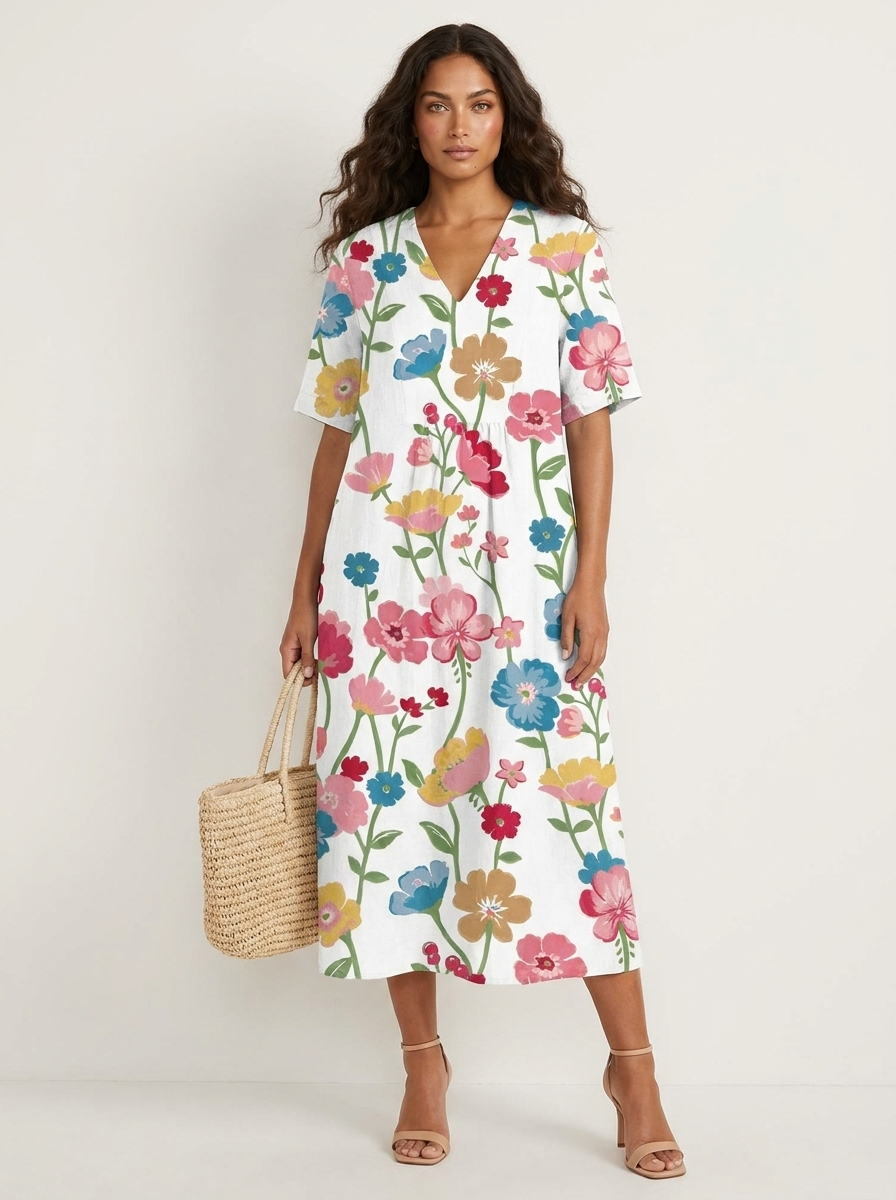 Bloemen midi jurk met V-hals - Rosalie
