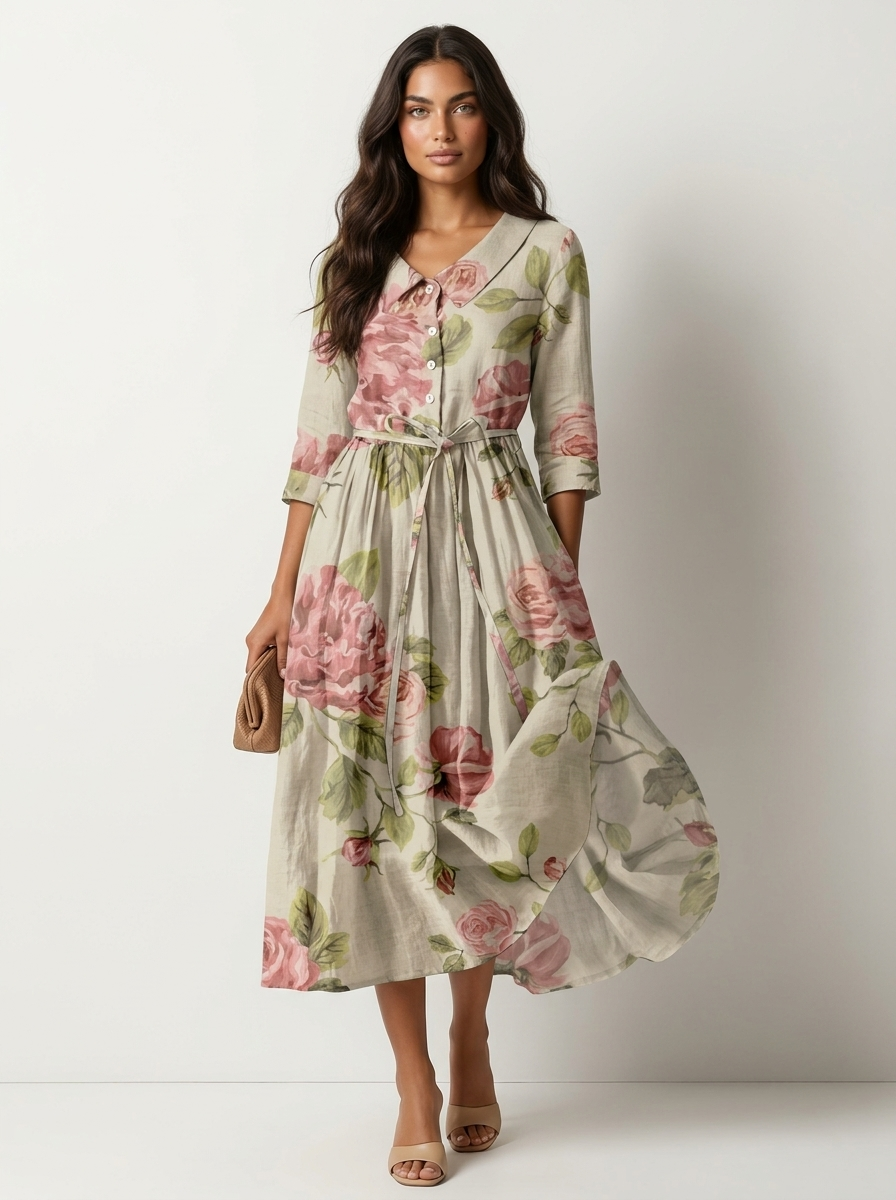 Bloemen midi jurk met strikceintuur - Rosalie
