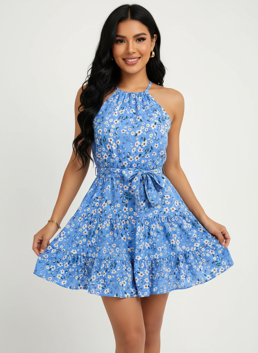 Bloemen halterjurk met tailleceintuur – Bellavue