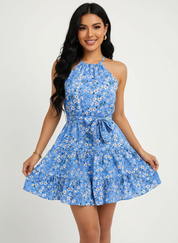 Bloemen halterjurk met tailleceintuur – Bellavue