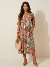 Bloemenprint midi jurk met V-hals - Bella