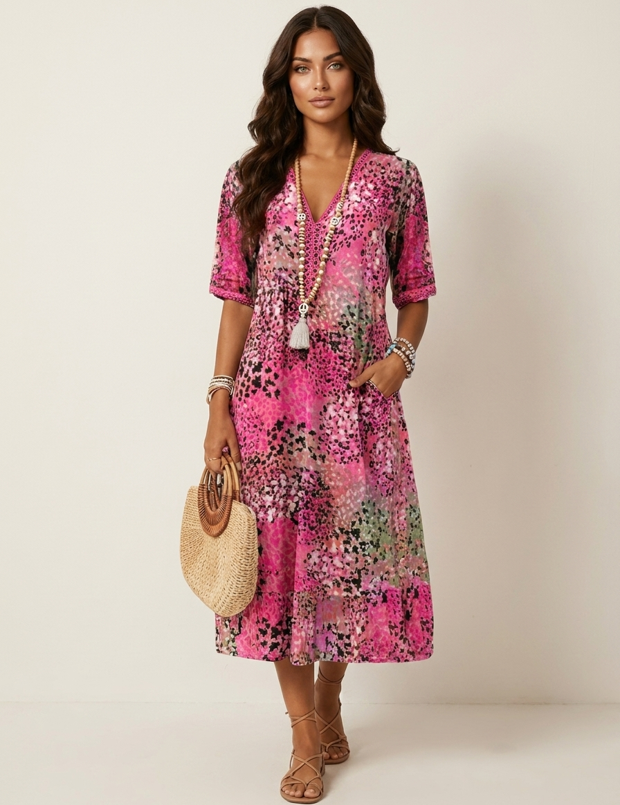 Floral print midi dress with V-neck - Bella