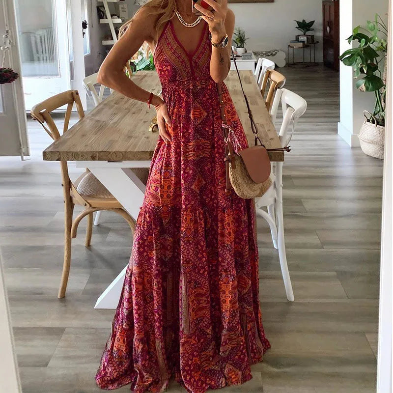 Bohemian maxi jurk met V-hals - Luna
