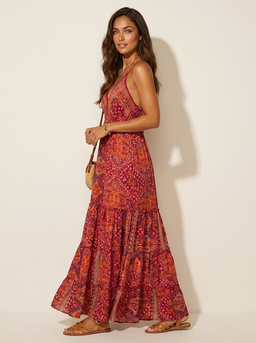 Bohemian maxi jurk met V-hals - Luna