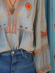 Bohemian geborduurde dames blouse met v-hals - Isadora