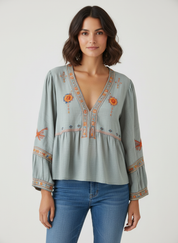 Bohemian geborduurde dames blouse met v-hals - Isadora