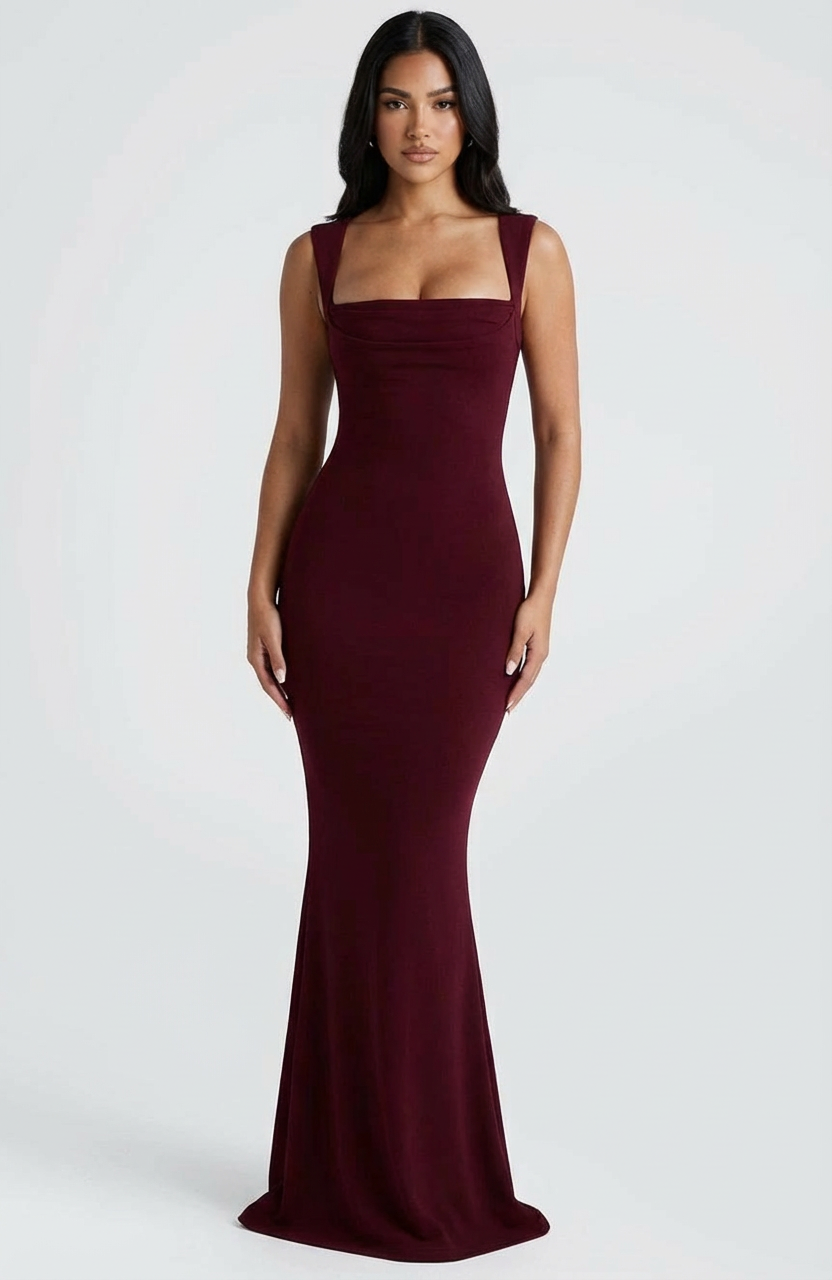 Bordeaux maxi jurk met vierkante hals en elegante pasvorm