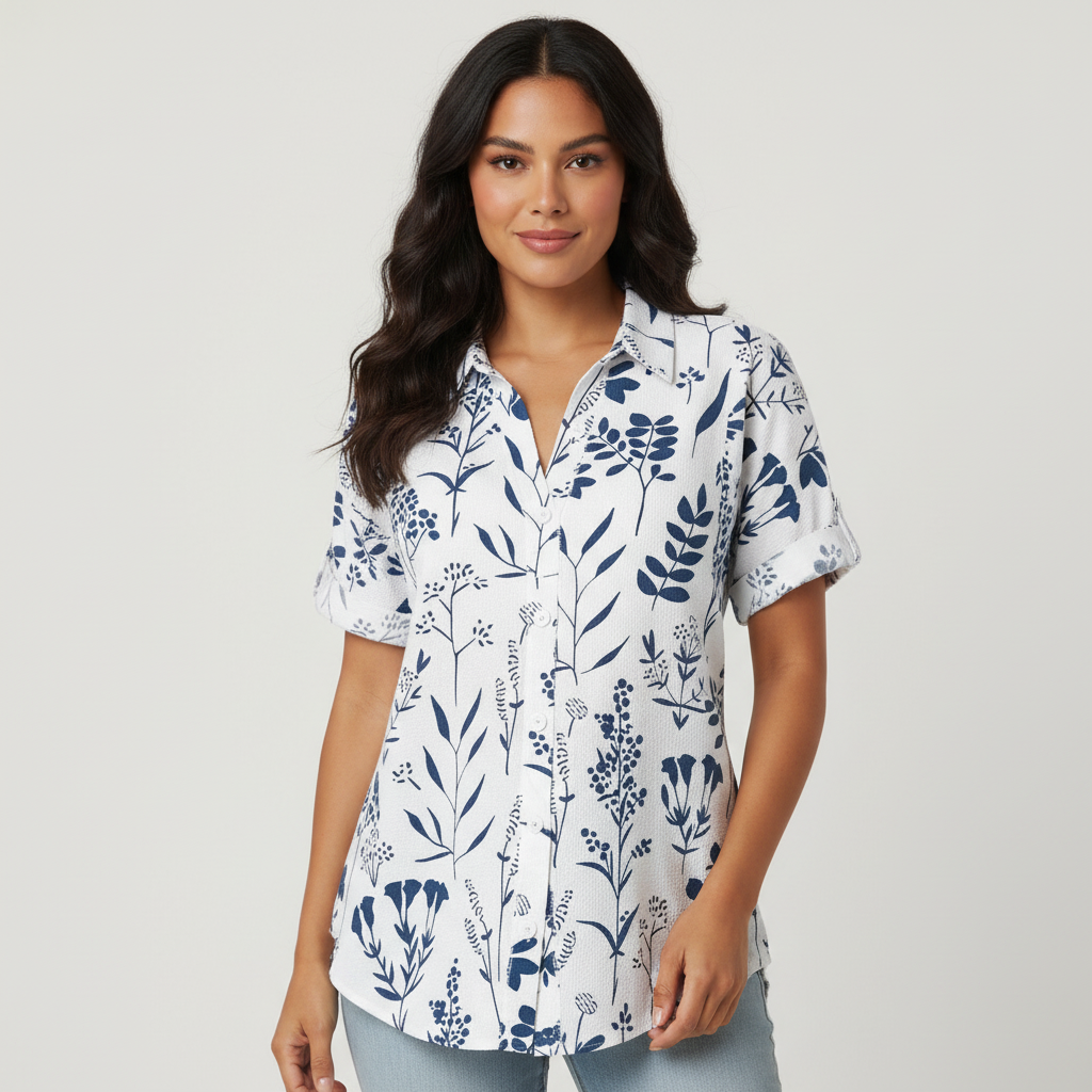 Botanische print blouse met korte mouwen en V-hals – Heidi