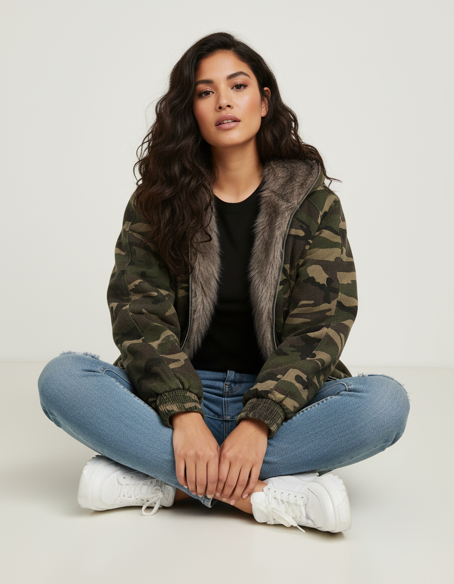 Camouflage winterjas met bontvoering en capuchon – Ysaline