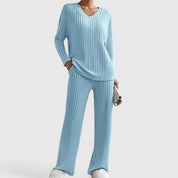 Dames 2-Delige Gebreide Set – V-Hals Trui met Wijde Broek Beige / S - AIDA LENA