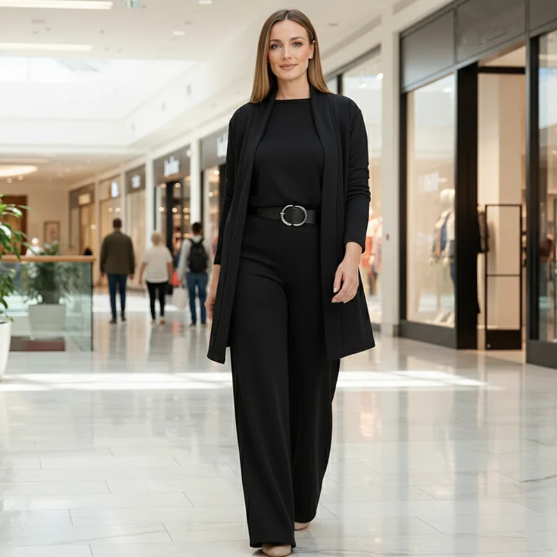 Dames 3-Delige Set – Top Lang Vest en Broek met Wijde Pijpen
