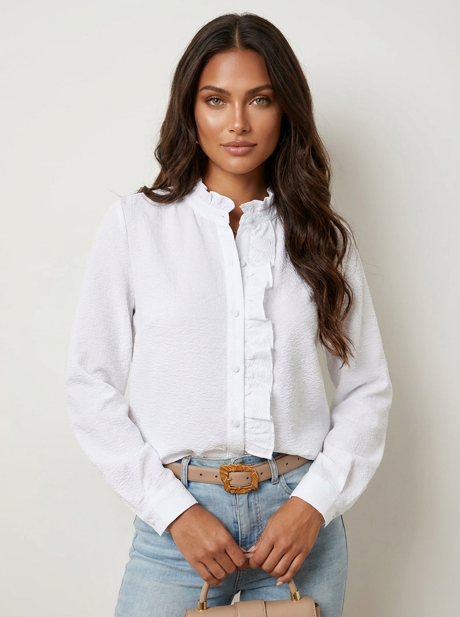 Dames Blouse met Ruches – Effen Blouse met Lange Mouwen en Knopen