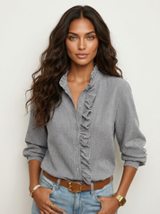 Dames Blouse met Ruches – Effen Blouse met Lange Mouwen en Knopen