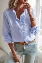 Dames Blouse met Ruches – Effen Blouse met Lange Mouwen en Knopen