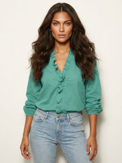 Dames Blouse met Ruches – V-Hals en Lange Mouwen