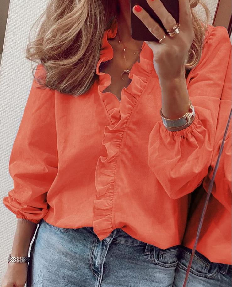 Dames Blouse met Ruches – V-Hals en Lange Mouwen