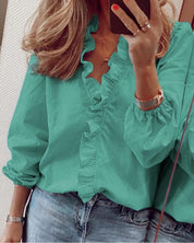 Dames Blouse met Ruches – V-Hals en Lange Mouwen