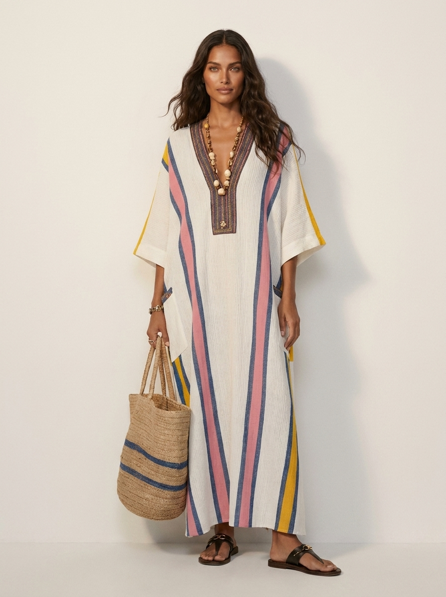 Dames Bohemian Maxi Jurk – V-Hals met Strepen en Zakken Wit-Roze / S - AIDA LENA