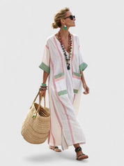 Dames Bohemian Maxi Jurk – V-Hals met Strepen en Zakken Beige-Zwart / S - AIDA LENA