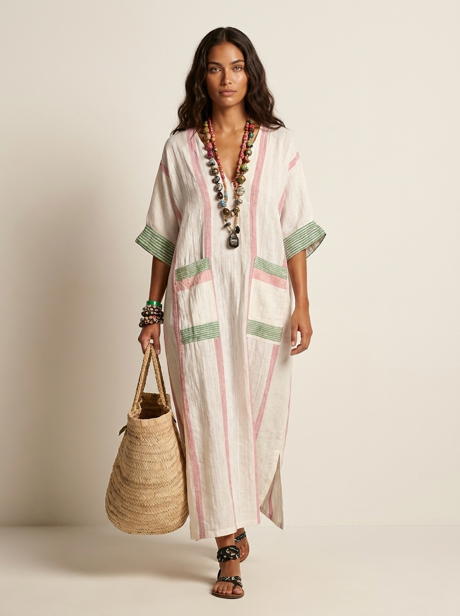 Dames Bohemian Maxi Jurk – V-Hals met Strepen en Zakken Wit-Lichtroze / S - AIDA LENA
