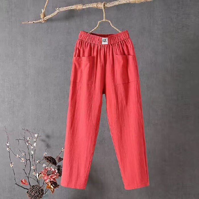 Dames Casual Broek – Elastische Hoge Taille met Rechte Pijpen Rood / S - AIDA LENA
