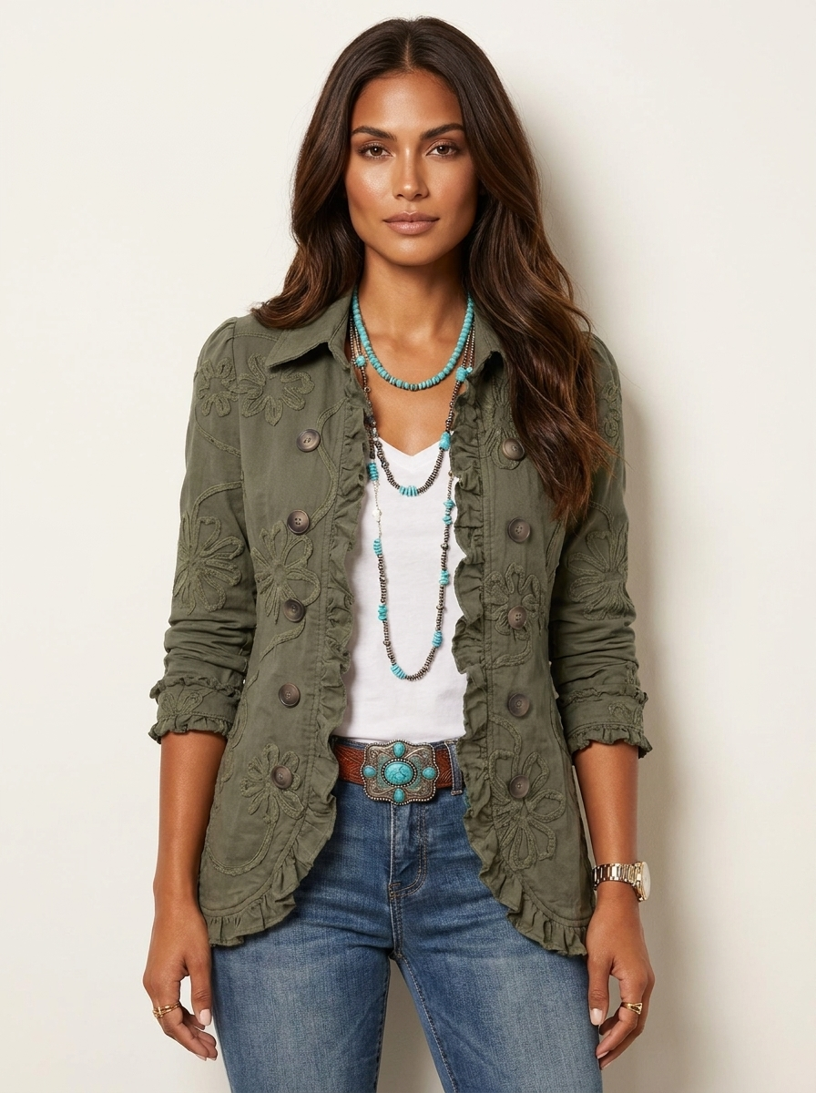 Dames Casual Jas – Geborduurd Bloemendesign met Ruches