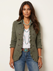 Dames Casual Jas – Geborduurd Bloemendesign met Ruches
