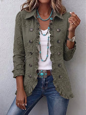 Dames Casual Jas – Geborduurd Bloemendesign met Ruches