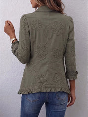 Dames Casual Jas – Geborduurd Bloemendesign met Ruches