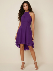 Dames Chiffon Jurk – Haltermodel met Asymmetrische Rok Zwart / XS - AIDA LENA