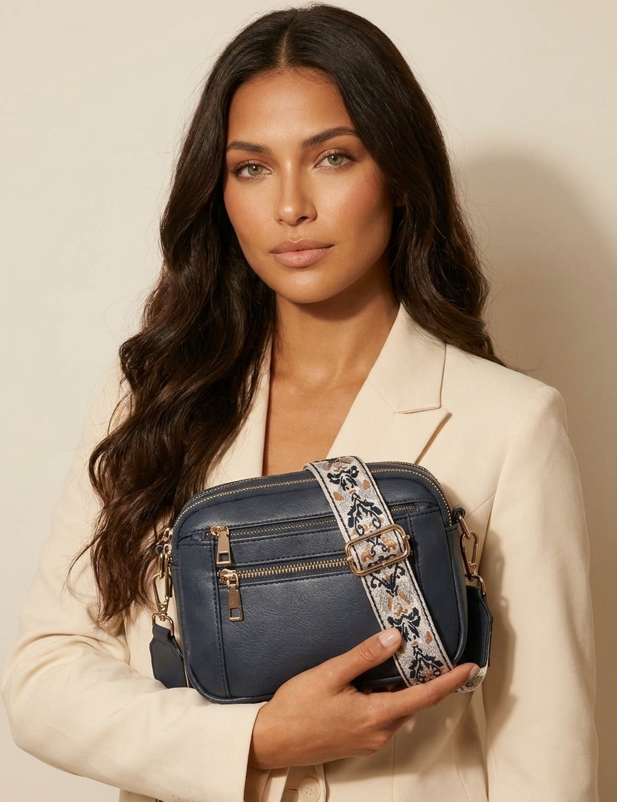 Dames Crossbody Tas – Compacte Schoudertas met Sierband en Ritsvakken Beige - AIDA LENA