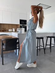 Denim midi dress with waist belt - Sienna