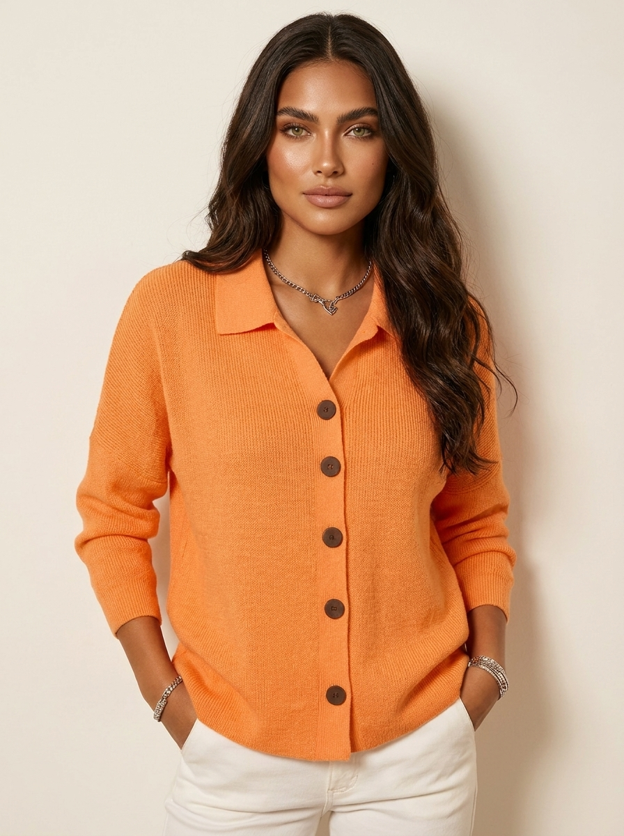 Dames gebreid vest met kraag en knoopsluiting, oranje