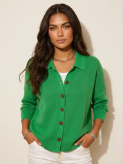 Dames gebreid vest met kraag en knoopsluiting, groen